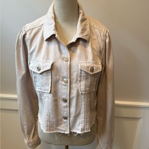 PAIGE szM Pacey Raw Hem Crop Twill Beige/Cream Denim Jacket. Perfect Condition